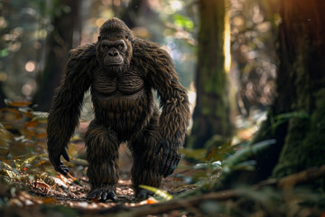 Huge fantasy hairy yeti character in outdoor nature background