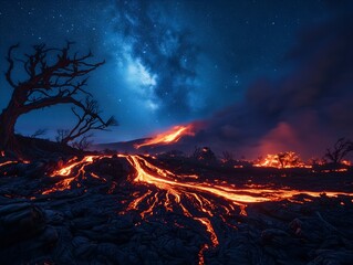 Dramatic scene of a volcano erupting with lava spewing from the crater, thick ash clouds, and a fiery contrast against the dark sky, showcasing nature's raw power