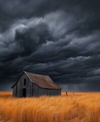 Fototapeta premium A Rustic Barn Amidst Golden Grasses Under a Dramatic Stormy Sky: Capturing the Tranquility and Tension of Rural Landscapes