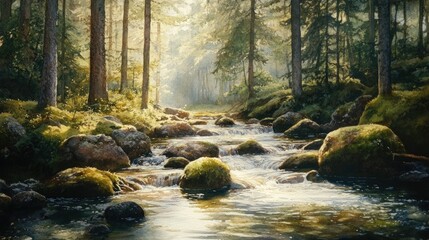 Serene watercolor style landscape depicting a calm forest stream with moss covered rocks surrounded by verdant trees and soft filtered sunlight creating a peaceful contemplative atmosphere