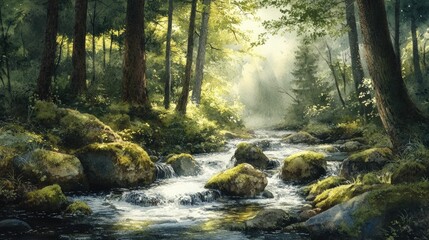 Obraz premium Serene forest stream with mossy rocks flowing water and soft sunlight filtering through the trees creating a tranquil and picturesque watercolor style landscape