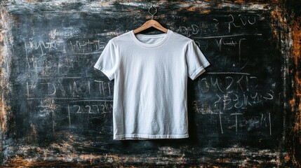 Blank white t-shirt hanging on a chalkboard.