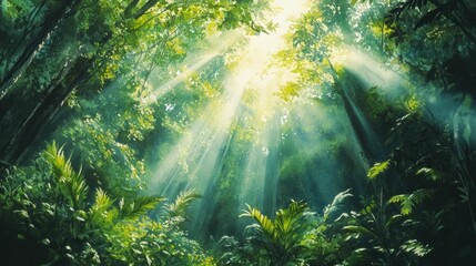 Obraz premium Lush verdant rainforest canopy with beams of warm golden sunlight breaking through the foliage in a vibrant dreamlike watercolor painting style