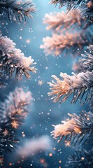 Fototapeta premium Experience the Enchantment of Winter: A Stunning Depiction of Frosted Pines and Sparkling Snowflakes in a Magical Blue Atmosphere