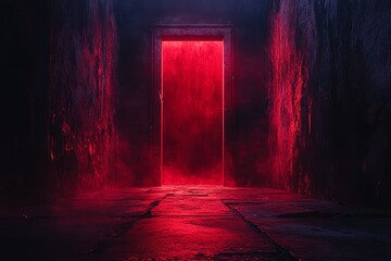 A dark corridor with a glowing red door at the end creates a mysterious and eerie atmosphere, This image can be used for horror themes, book covers, or promotional material for spooky events,