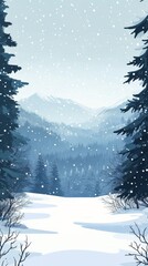 Fototapeta premium Snowy winter landscape with evergreen trees and gentle snowfall in a serene forest setting