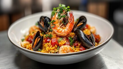 Colorful Seafood Paella with Fresh Garnish