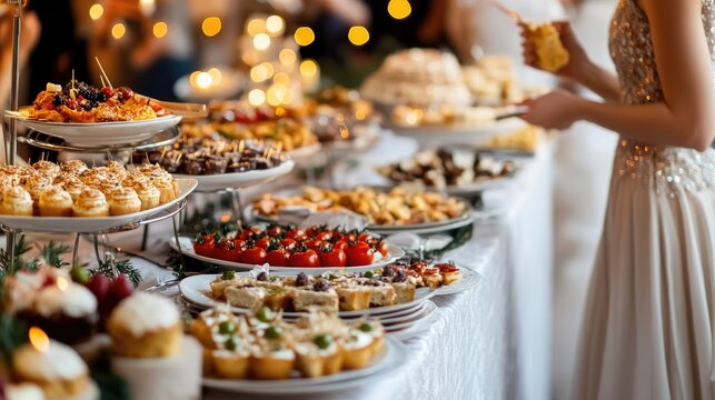 A glamorous New Year's Eve party with guests in formal attire, laughing and enjoying a lavish buffet filled with delicious treats and desserts.
