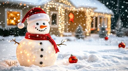 Obraz premium A happy snowman with a Santa hat and carrot nose, standing in a snowy yard with holiday lights and festive decorations.