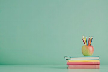 Minimalistic background with school books, colorful pencils and an apple on the table against green wall with generative ai