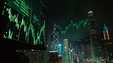 an ominous presence in Hong Kong skyscrapers at night, a stock chart on the screen with colors