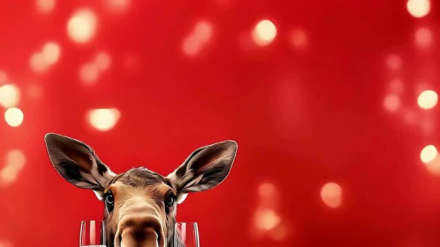 moose head & 2 glasses of champaigne isolated over red background with golden lights; perfect background for canadian happy new year's congratulation video card