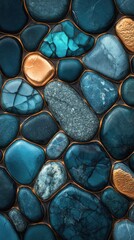 Beautiful arrangement of blue and gold stones creating a decorative pattern on a surface