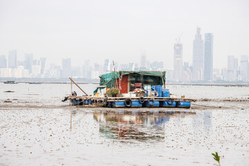 Solitary Floating House in Oyster Farm in Lau Fau Shan, Hong Kong
