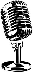 Silhouette of a Vintage Microphone on waite Background, Ideal for Retro-Themed Media, Podcasts, Radio Shows, and Entertainment Promotion