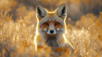 A red fox with piercing amber eyes stares intently at the camera, its fur glowing in the warm light of the setting sun.