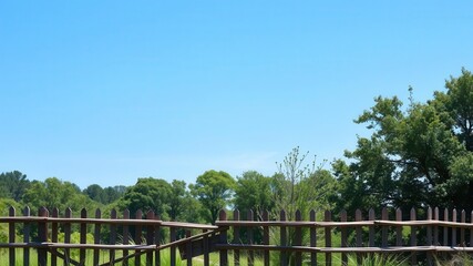 A vintage background featuring a serene landscape with a rustic wooden fence, lush green trees, and a clear blue sky, vintage, landscape, clear blue sky