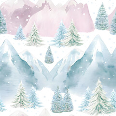 Obraz premium Watercolor Seamless Pattern of Soft Christmas Trees and Snowy Mountains for Wallpaper 