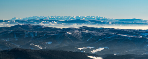 Amazing view to Tatra mountains from Lysa hora hill in winter Moravskoslezske Beskydy mountains