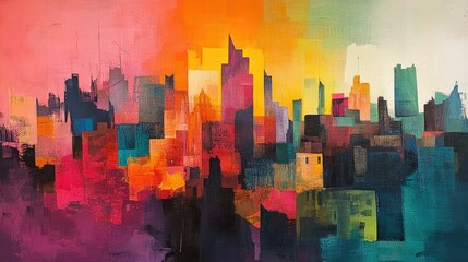 Obraz premium An abstract cityscape with vibrant shifting colors blending into the buildings creating a dynamic and visually captivating representation of the creativity and energy found in urban environments
