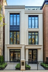 Naklejka premium A stunning three-story home in the center of Chicago's trendy West Loop, with large windows and an exterior painted off-white with black accents. The house has classic architectural details.
