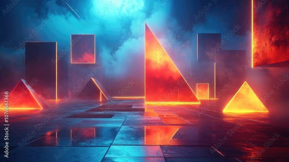 Poster vibrant neon colored geometric shapes floating in a dark abstract space representing a futuristic an
