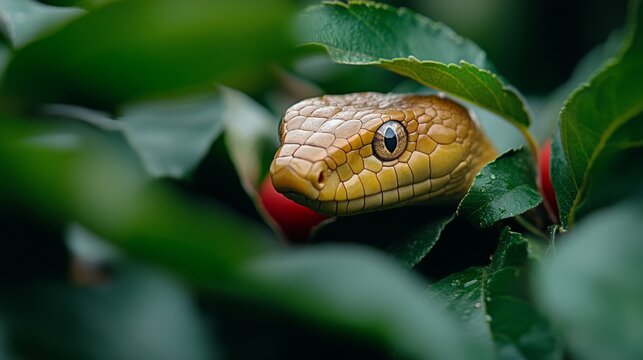 A green tree python resting among vibrant green leaves in a tropical environment during daylight hours