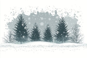 Snowfall blankets a tranquil winter landscape with evergreen trees in a serene setting