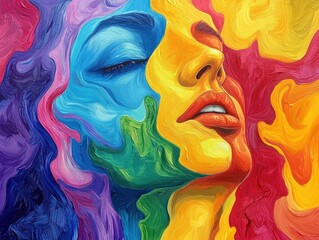 Vibrant flowing abstract human faces in a captivating display of imaginative expression and creative visuals  Representing the transformative power of the mind and the boundless nature of expression