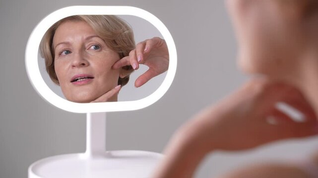 A middle aged female gentle massaging her skin in the mirror, radiating both confidence and joy in her appearance. Anti-aging skincare
