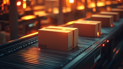 Cardboard boxes on a conveyor belt in a warehouse.