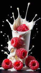 Raspberries and Glass of Milk Falling into Milk Splash with Berries on Black Background