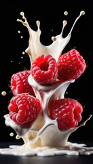 Raspberry Falling into Milk Splash with Berries on Black Background