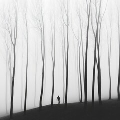 Obraz premium Mysterious Silhouette in Foggy Forest with Tall Bare Trees