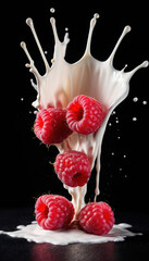 Raspberry Falling into Milk Splash with Berries on Black Background