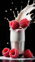 Raspberries and Glass of Milk Falling into Milk Splash with Berries on Black Background