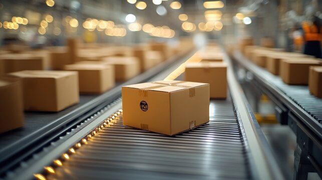 Cardboard boxes moving on a conveyor belt in a warehouse.