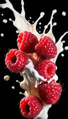 Raspberry Falling into Milk Splash with Berries on Black Background