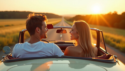 Obraz premium Romantic Sunset Road Trip in a Classic Convertible
