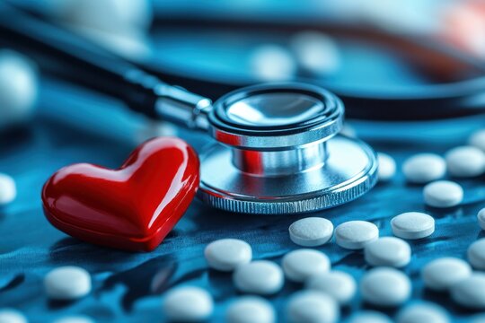 A stethoscope and red heart symbolizing health care on a blue background among scattered tablets