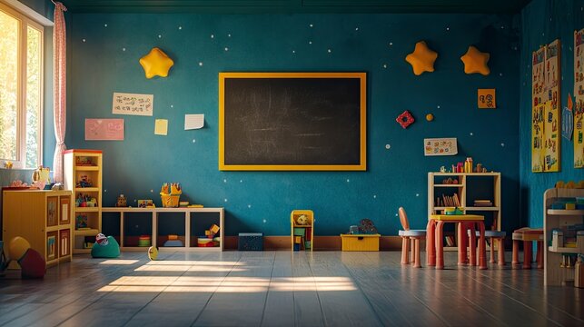 photo realistc pre-school classroom with a chalkboard in an empty room photographed with a Sony A1 and a 50mm Lens with generative ai
