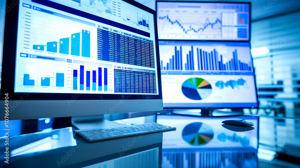 Poster desktop monitor displaying a comprehensive data analysis report with visualized business statistics,