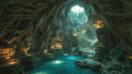 Enchanted Underground Cave with Waterfalls and Light