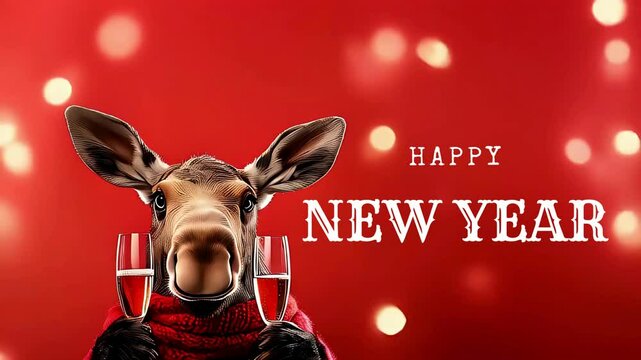 witty moose holding two glasses of champaigne isolated over red background with golden lights; creative canadian happy new year's congratulation video