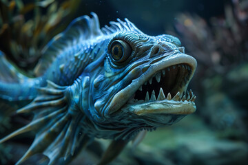 Terrifying scary sea monster in dark depths of deep ocean