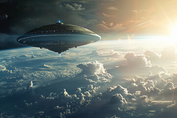 Obraz premium Iron oval UFO saucer hovering over beautiful landscape in dramatic sky