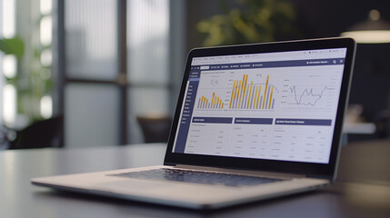 High-angle view of a laptop with data analytics software showing monthly growth statistics, sales forecasts, and profit analysis charts in a corporate office.