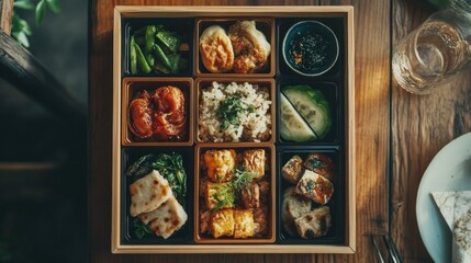 Authentic Japanese Bento Box with Varied Dishes
