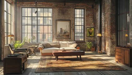 Modern Loft Apartment Interior Design with Exposed Brick Walls and Large Windows