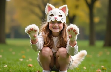 quadrober child girl in cat mask sits on all fours in park, quadrobics furry terrians subculture imitation of animal actions.